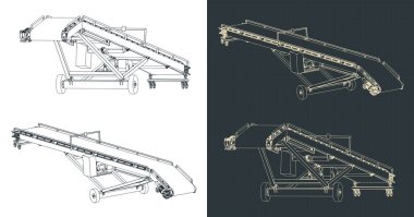 Bir mobil şerit taşıyıcısının izometrik planlarının biçimlendirilmiş vektör çizimleri