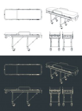 Ambulanslar ve kurtarma araçları için sedye planlarının biçimlendirilmiş vektör çizimleri