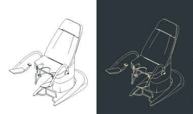 Bir jinekolojik muayene koltuğunun izometrik planlarının stilize vektör çizimleri