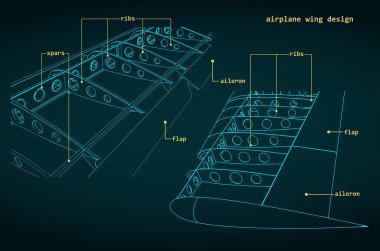 Vector illustration of drawings of the wings of an airplane and its internal structure