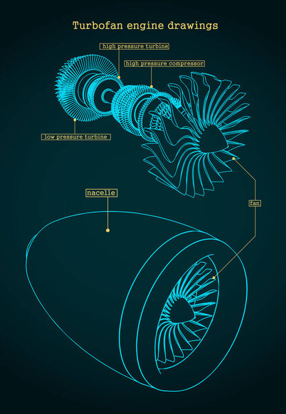 Stylized vector illustration of drawings of a jet engine compressor