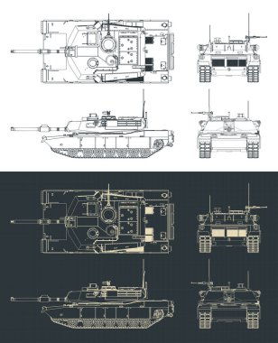 ABD ordusunun ana savaş tankı M1 Abrams 'ın izometrik planlarının stilize edilmiş vektör çizimleri.