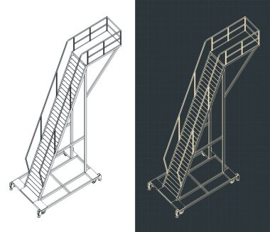 Bir mobil iş platformunun izometrik planlarının biçimlendirilmiş vektör çizimleri