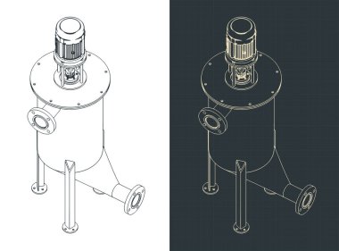 Endüstriyel tank karıştırıcısının izometrik planlarının biçimlendirilmiş vektör çizimi