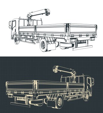 Vinç manipülatörü yüklü kamyon çizimlerinin biçimlendirilmiş vektör çizimleri