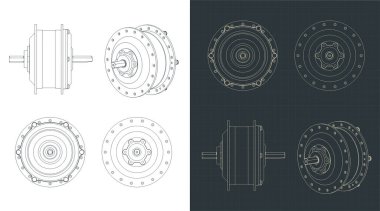Bisiklet tekerleği için merkez motorun planlarının stilize edilmiş vektör çizimi