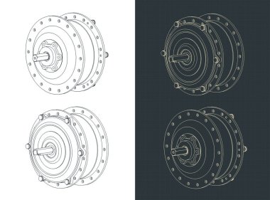 Bisiklet tekerleği için bir merkez motorunun izometrik planlarının stilize vektör çizimi