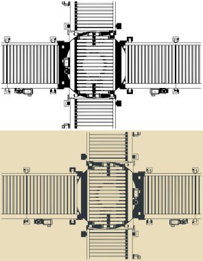 Döner konveyör. Birinci konveyör çizgisinden ikinci dikey konveyör çizgisine hareket yönünü değiştiren döner tablolu bir konveyör.