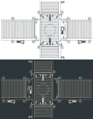 Turntable taşıyıcı teknik çizimler. Birinci konveyör çizgisinden ikinci dikey konveyör çizgisine hareket yönünü değiştiren döner tablolu bir konveyör.