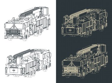 Büyük bir itfaiye aracının izometrik çizimlerinin biçimlendirilmiş vektör çizimleri