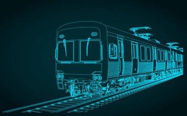 Bir şehir treninin izometrik teknik çizimlerinin stilize edilmiş vektör çizimi