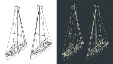 Bir yelkenli yatının izometrik teknik çizimlerinin biçimlendirilmiş vektör çizimleri