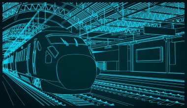 Ön planda yüksek hızlı tren bulunan bir tren istasyonunun biçimlendirilmiş vektör çizimi