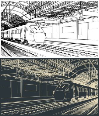 Yüksek hızlı treni olan bir tren istasyonunun biçimlendirilmiş vektör çizimleri