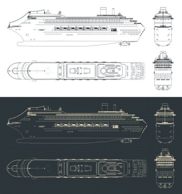 Büyük bir yolcu gemisinin planlarının stilize edilmiş vektör çizimleri