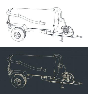 Sıvı gübre yayıcısının planlarının biçimlendirilmiş vektör çizimleri