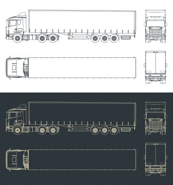 Yarı kamyon römorkunun planlarının biçimlendirilmiş vektör çizimleri