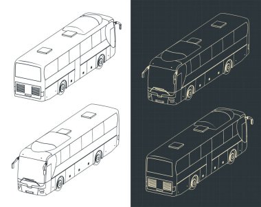 Bir turist otobüsünün izometrik planlarının biçimlendirilmiş vektör çizimleri