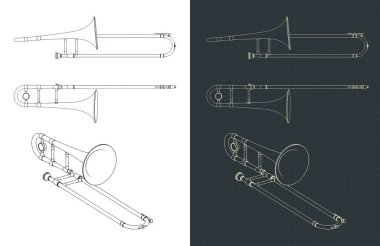 Bir trombonun planlarının biçimlendirilmiş vektör çizimleri