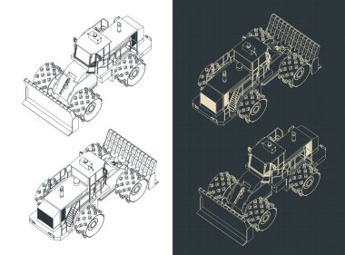 Çöp doldurma sıkıştırıcısının izometrik planlarının biçimlendirilmiş vektör çizimleri