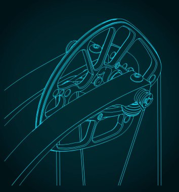 Stylized vector illustrations of blueprint of compound bow cam close-up clipart