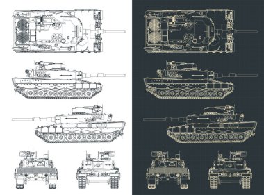Bir Leopar 2 tankının planlarının biçimlendirilmiş vektör çizimleri