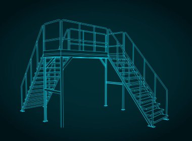 Endüstriyel platform ve merdiven planlarının biçimlendirilmiş vektör çizimi