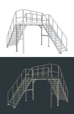Endüstriyel platform ve merdiven planlarının biçimlendirilmiş vektör çizimleri