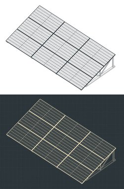 Sabit güneş panellerinin izometrik planlarının biçimlendirilmiş vektör çizimleri