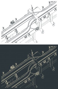Bir taşıyıcı üretim hattının izometrik planlarının stilize edilmiş vektör çizimi