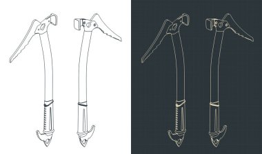 Buz baltası izometrik planlarının stilize edilmiş vektör çizimleri. Dağa tırmanma aracı