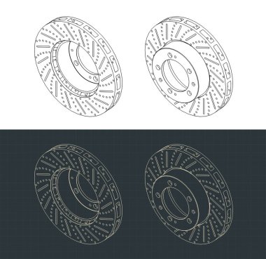 Ağır görev fren diski izometrik çizimlerinin biçimlendirilmiş vektör çizimleri
