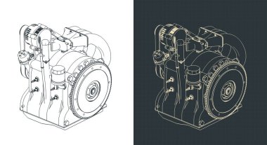 Bir wankel döner motorun Isometric planları biçimlendirilmiş vektör çizimleri