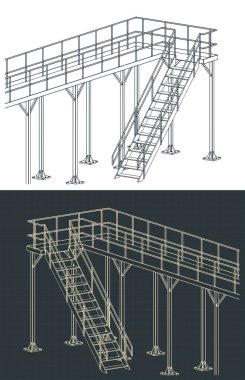 Endüstriyel çelik platform ve merdiven izometrik şablonlar stil çizimleri