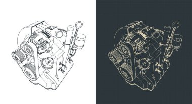 Bir wankel döner motorun Isometric planları biçimlendirilmiş vektör çizimleri