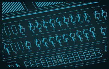 Analog sentezleyici, yakın plan, biçimlendirilmiş vektör çizimi. Düğmeli, düğmeli, sürgülü ve diğer kontrollü panelName