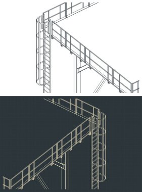 Merdiven izometrik çizimlerine sahip endüstriyel metal yapı stilize vektör çizimlerini kapat