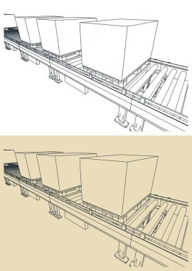 Paletler üzerindeki kutular ile taşıyıcı satır biçimlendirilmiş vektör çizimlerini kapat