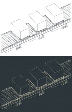 Paletler üzerinde kutular olan taşıyıcı satır izometrik çizimler biçimlendirilmiş vektör çizimleri
