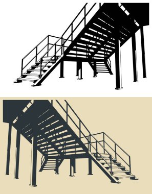Fabrikada ya da depoda endüstriyel erişim merdivenleri stilize edilmiş vektör çizimleri