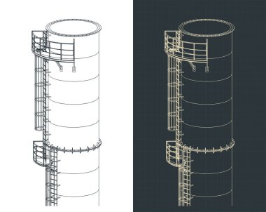 Metal yapısı ve servis merdiveni izometrik çizimleri olan uzun bir sanayi bacasının parçası.
