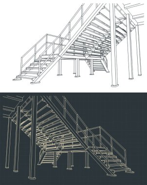 Fabrikada veya depoda endüstriyel erişim merdivenleri stilize vektör çizimleri