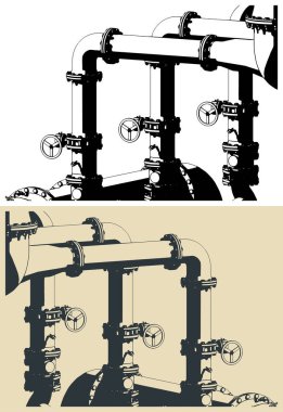 Endüstriyel valf ve boruların stilize vektör çizimleri kapanıyor