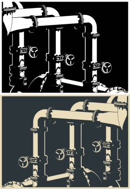 Endüstriyel valfler ve borular stilize vektör çizimlerini kapatır