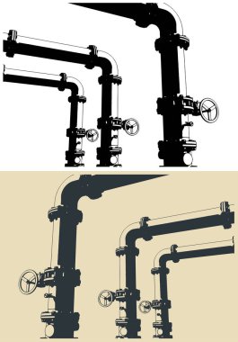 Endüstriyel valf ve boruların stilize vektör çizimleri kapanıyor