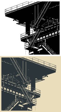 Petrol ve gaz üretimi için kıyı ötesi petrol platformunun metal yapıları biçimlendirilmiş vektör çizimlerini kapatır