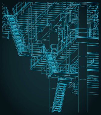 Petrol ve gaz üretim izometrik planı için kıyı ötesi platformunun metal yapıları stilize vektör illüstrasyonunu kapat