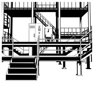 Metal merdivenler, platformlar ve ekipmanlarla endüstriyel üretim iç yapısı, biçimlendirilmiş vektör illüstrasyonu