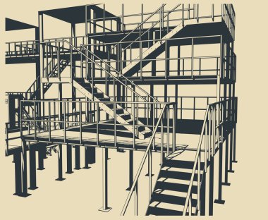 Metal merdivenli, platformlu ve teçhizatlı endüstriyel üretim araçları ve objeler, biçimlendirilmiş vektör illüstrasyonu