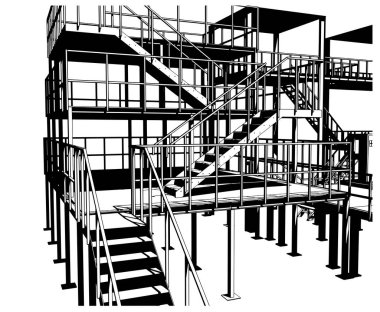 Metal merdivenli, platformlu ve teçhizatlı endüstriyel üretim araçları ve objeler, biçimlendirilmiş vektör illüstrasyonu